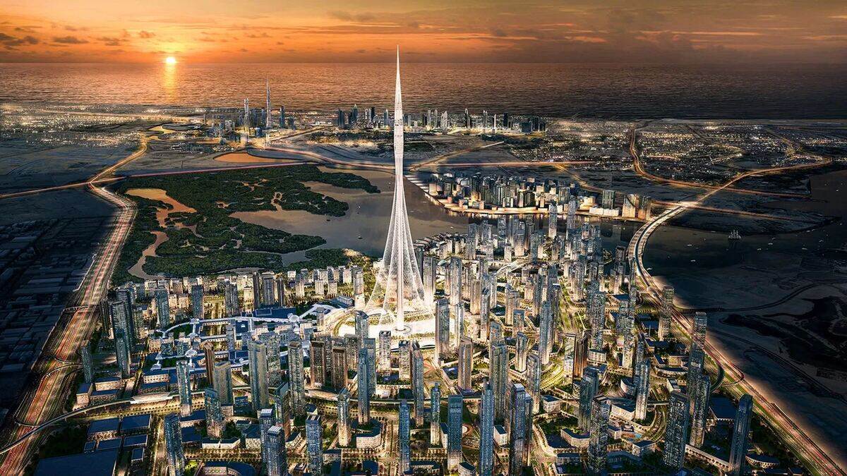 Rendering della Dubai Creek Tower e del masterplan Dubai Creek Harbour al tramonto